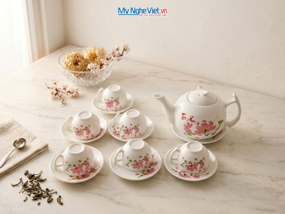 Bộ bình trà men trắng hoa giấy