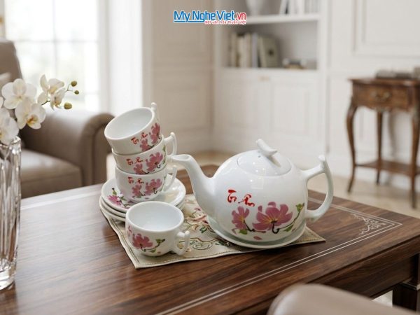 Bộ bình trà men trắng hoa giấy