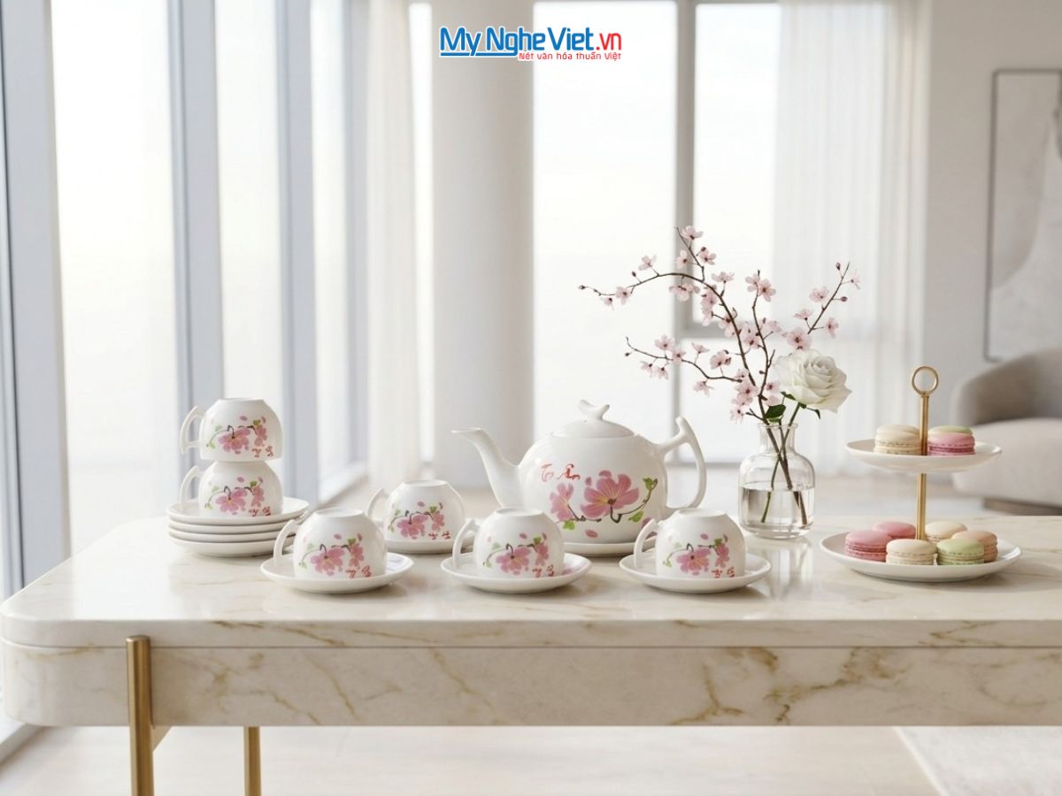 Bộ bình trà men trắng hoa giấy