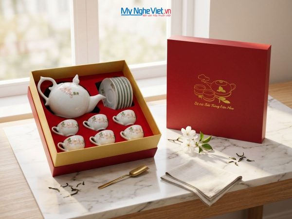 Bộ bình trà men trắng dáng bưởi hoa mận