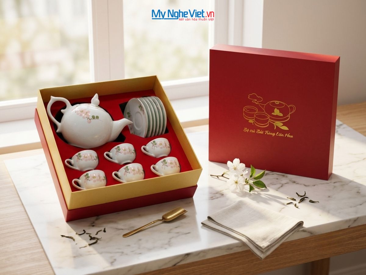 Bộ bình trà men trắng dáng bưởi hoa mận