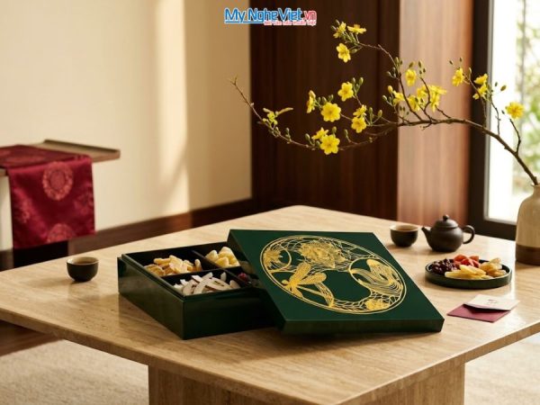 Hộp Mứt Sơn Mài Vuông Họa Tiết Cá Sen Nền Xanh Lá