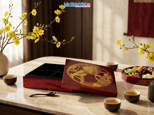 Hộp Mứt Sơn Mài Vuông Họa Tiết Cá Sen Dát Bạc Nền Đỏ