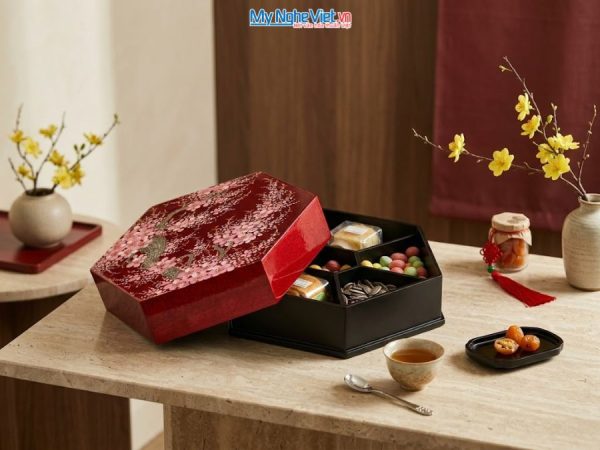 Hộp Mứt Sơn Mài Lục Giác Hoa Đào Nền Đỏ
