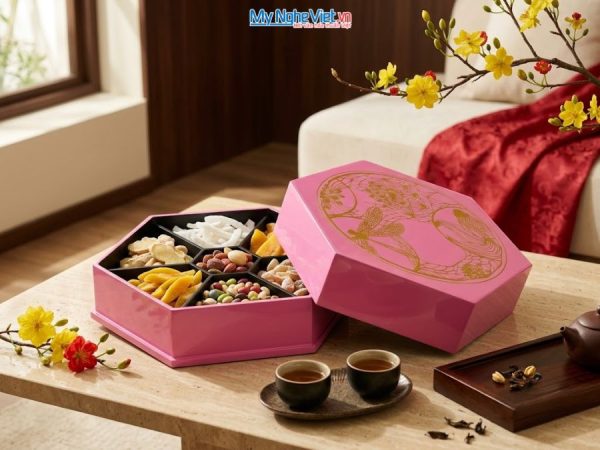 Hộp Mứt Sơn Mài Lục Giác 7 Ngăn Cá Sen Nền Hồng