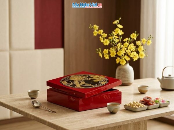 Hộp Mứt Sơn Mài Vuông Họa Tiết Cá Sen Nền Đỏ