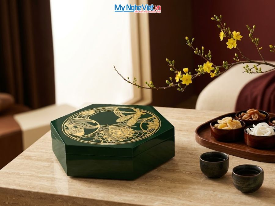 Hộp Mứt Sơn Mài Lục Giác 7 Ngăn Cá Sen Nền Xanh Lá