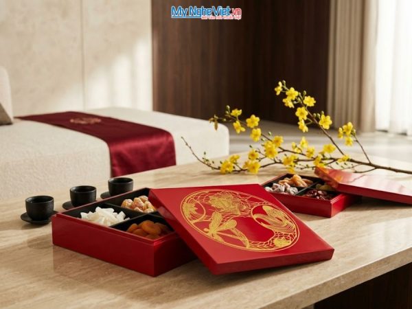 Hộp Mứt Sơn Mài Vuông Họa Tiết Cá Sen Nền Đỏ