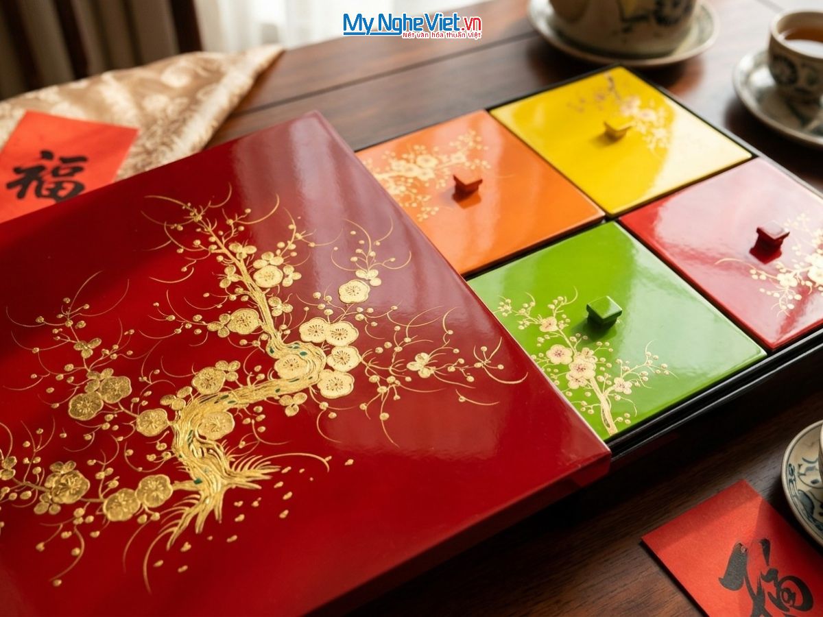 Hộp Mứt Tết Sơn Mài 4 Ngăn Đắp Nổi HM03-4N - Ảnh 3