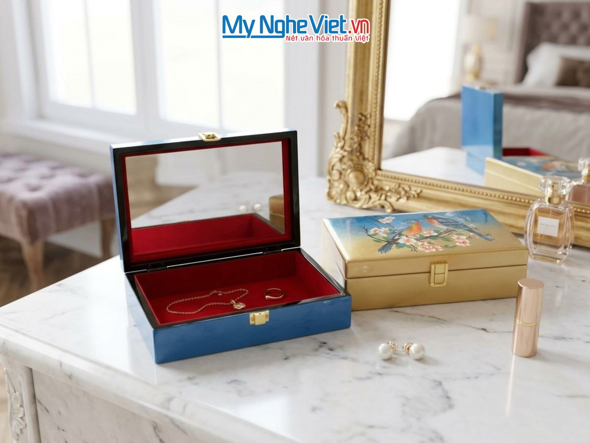 Hộp đựng trang sức sơn mài đắp nổi phù điêu cao cấp