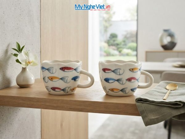 Set Quà Tặng 2 Ly Sứ Vẽ Tay Họa Tiết Cá Nhỏ