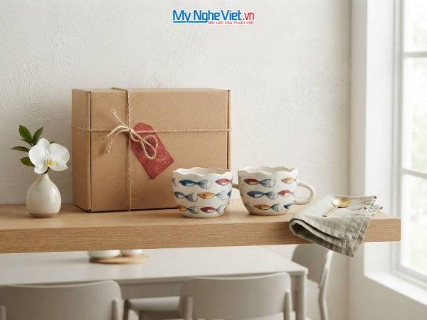 Set Quà Tặng 2 Ly Sứ Vẽ Tay Họa Tiết Cá Nhỏ
