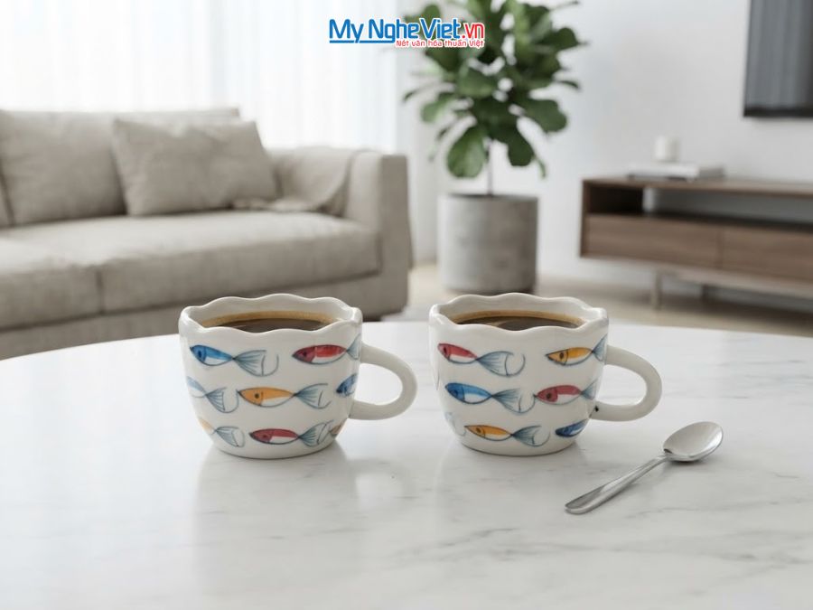 Set Quà Tặng 2 Ly Sứ Vẽ Tay Họa Tiết Cá Nhỏ