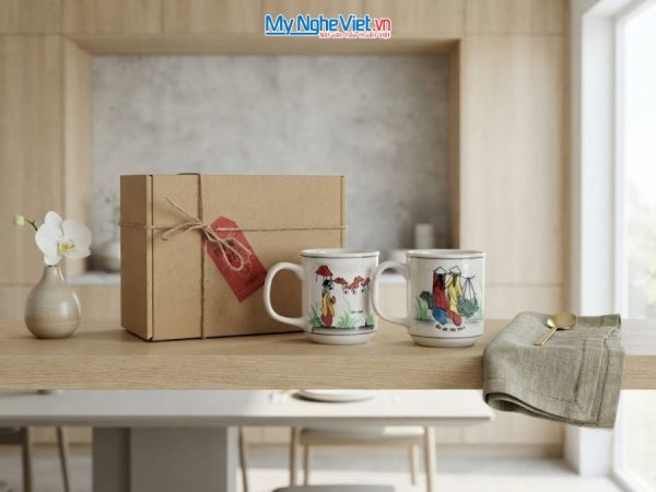 Set Quà Tặng 2 Ly Sứ Men Bóng Vẽ Cô Gái Áo Dài