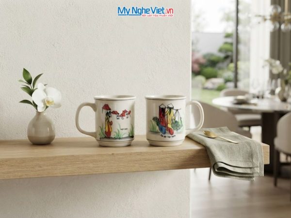 Set Quà Tặng 2 Ly Sứ Men Bóng Vẽ Cô Gái Áo Dài