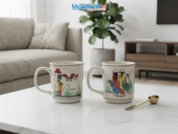 Set Quà Tặng 2 Ly Sứ Men Bóng Vẽ Cô Gái Áo Dài