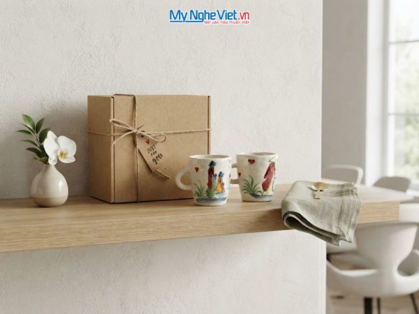 Set Quà Tặng 2 Ly Sứ Nhỏ Vẽ Cô Gái Áo Dài