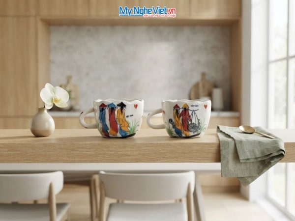 Set Quà Tặng 2 Ly Sứ Vẽ Tay Họa Tiết Cô Gái Áo Dài
