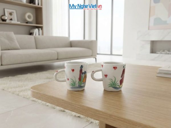 Set Quà Tặng 2 Ly Sứ Nhỏ Vẽ Cô Gái Áo Dài