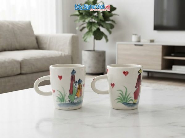 Set Quà Tặng 2 Ly Sứ Nhỏ Vẽ Cô Gái Áo Dài