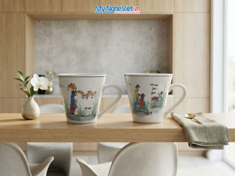 Set Quà Tặng 2 Ly Sứ Men Bóng Vẽ Cô Gái Áo Dài