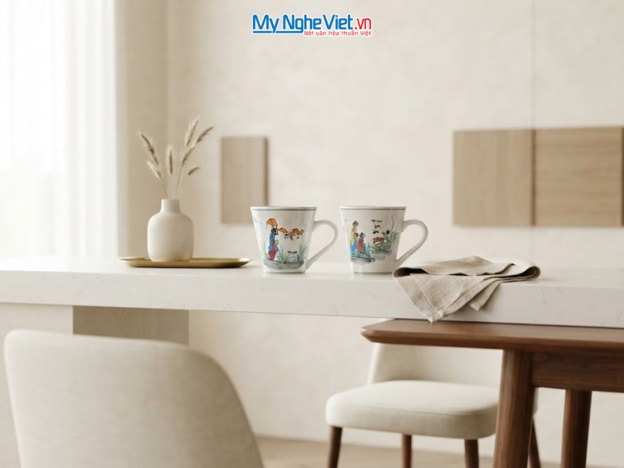 Set Quà Tặng 2 Ly Sứ Men Bóng Vẽ Cô Gái Áo Dài
