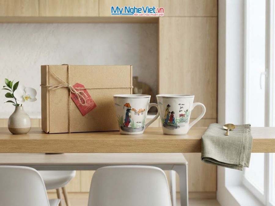 Set Quà Tặng 2 Ly Sứ Men Bóng Vẽ Cô Gái Áo Dài