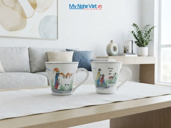 Set Quà Tặng 2 Ly Sứ Men Bóng Vẽ Cô Gái Áo Dài