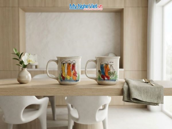 Set Quà Tặng 2 Ly Sứ Men Tấm Vẽ Cô Gái Áo Dài