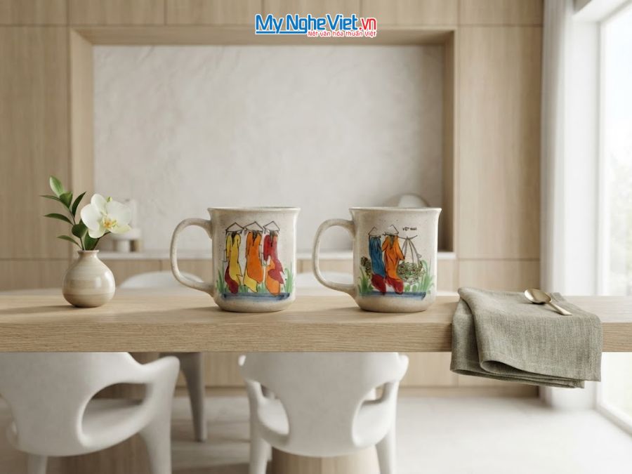 Set Quà Tặng 2 Ly Sứ Men Tấm Vẽ Cô Gái Áo Dài