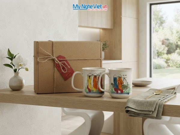 Set Quà Tặng 2 Ly Sứ Men Tấm Vẽ Cô Gái Áo Dài