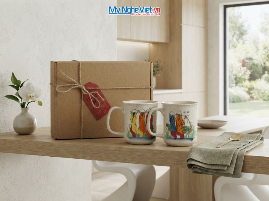 Set Quà Tặng 2 Ly Sứ Men Tấm Vẽ Cô Gái Áo Dài