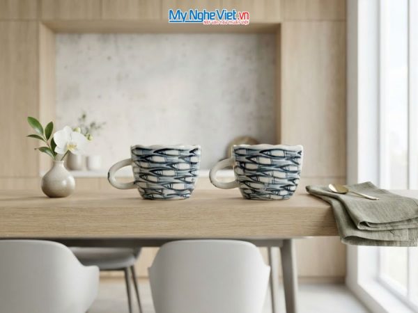 Set Quà Tặng 2 Ly Sứ Vẽ Tay Họa Tiết Cá Nhỏ Cổ Điển