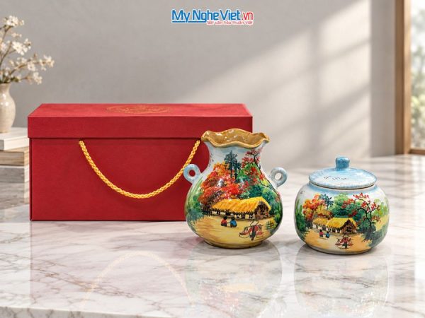 Set Quà Tặng Bình Hoa Và Hũ Mứt Gốm Bát Tràng Vẽ Đồng Quê