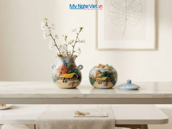 Set Quà Tặng Bình Hoa Và Hũ Mứt Gốm Bát Tràng Vẽ Đồng Quê