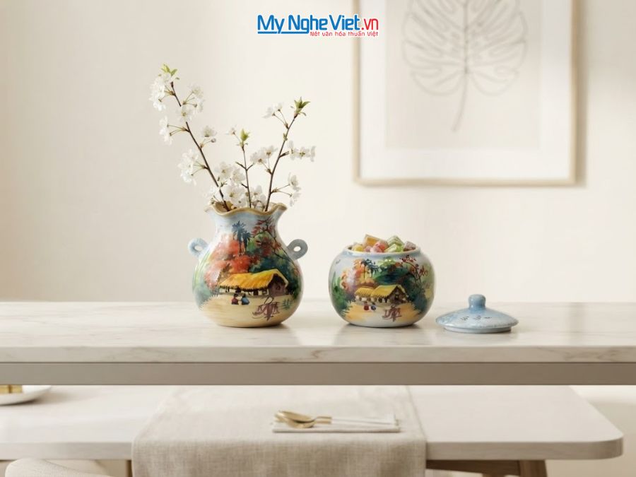Set Quà Tặng Bình Hoa Và Hũ Mứt Gốm Bát Tràng Vẽ Đồng Quê