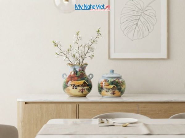 Set Quà Tặng Bình Hoa Và Hũ Mứt Gốm Bát Tràng Vẽ Đồng Quê