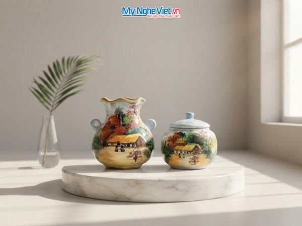 Set Quà Tặng Bình Hoa Và Hũ Mứt Gốm Bát Tràng Vẽ Đồng Quê