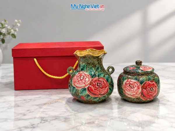 Set Quà Tặng Bình Hoa Và Hũ Mứt Gốm Bát Tràng Vẽ Hoa Hồng