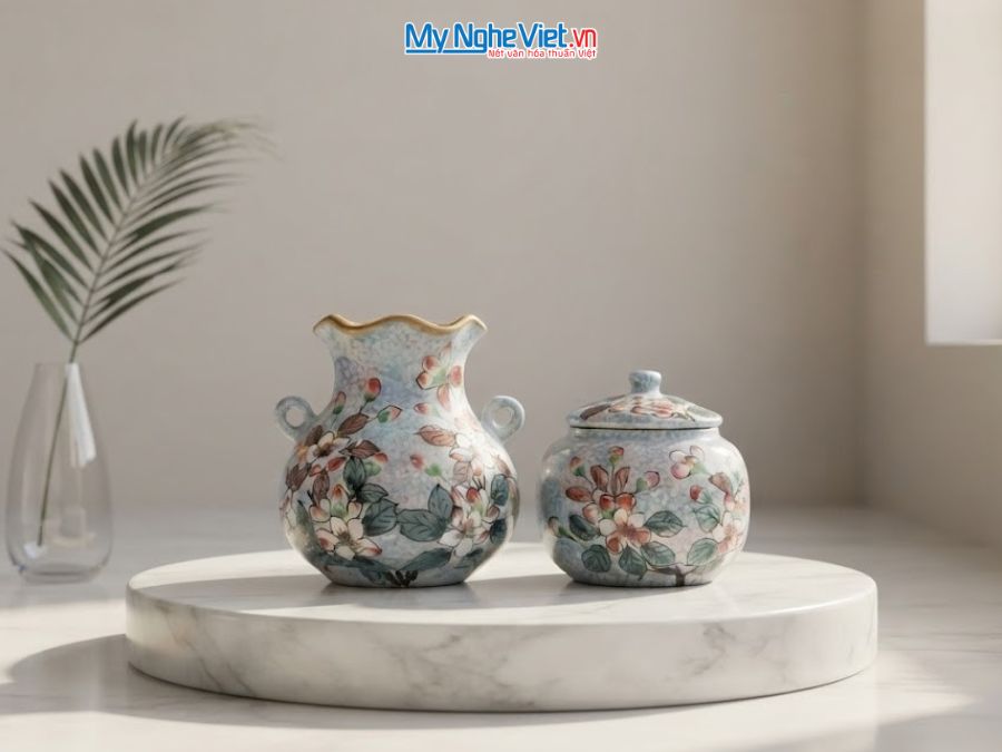 Set Quà Tặng Bình Hoa Và Hũ Mứt Gốm Bát Tràng Vẽ Hoa Đào Trắng