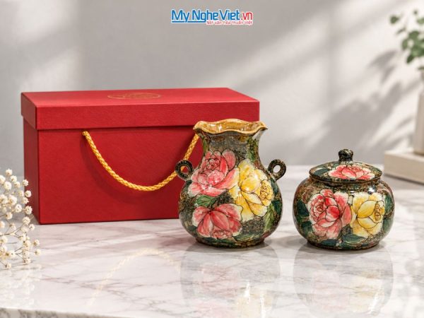 Set Quà Tặng Bình Hoa Và Hũ Mứt Gốm Bát Tràng Vẽ Hoa Hồng