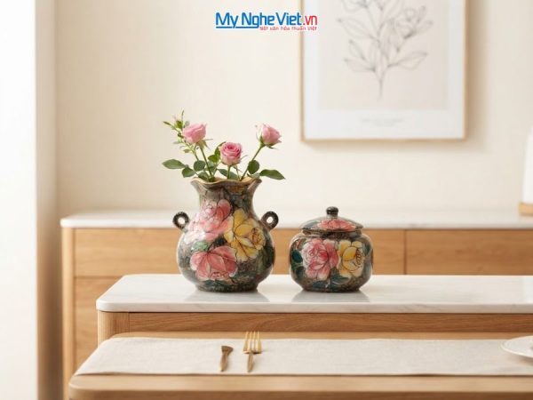 Set Quà Tặng Bình Hoa Và Hũ Mứt Gốm Bát Tràng Vẽ Hoa Hồng