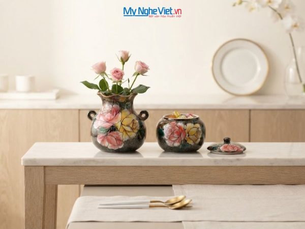 Set Quà Tặng Bình Hoa Và Hũ Mứt Gốm Bát Tràng Vẽ Hoa Hồng