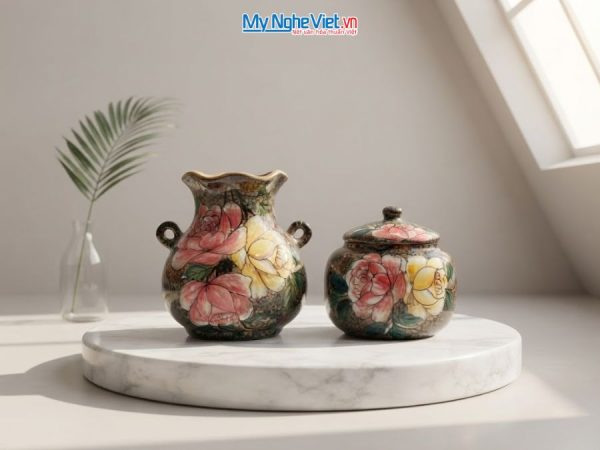 Set Quà Tặng Bình Hoa Và Hũ Mứt Gốm Bát Tràng Vẽ Hoa Hồng