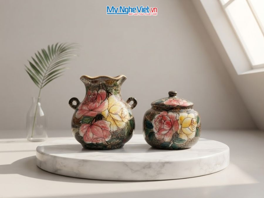 Set Quà Tặng Bình Hoa Và Hũ Mứt Gốm Bát Tràng Vẽ Hoa Hồng