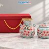 Set Quà Tặng Bình Hoa Và Hũ Mứt Gốm Bát Tràng Vẽ Hoa Đào Hồng