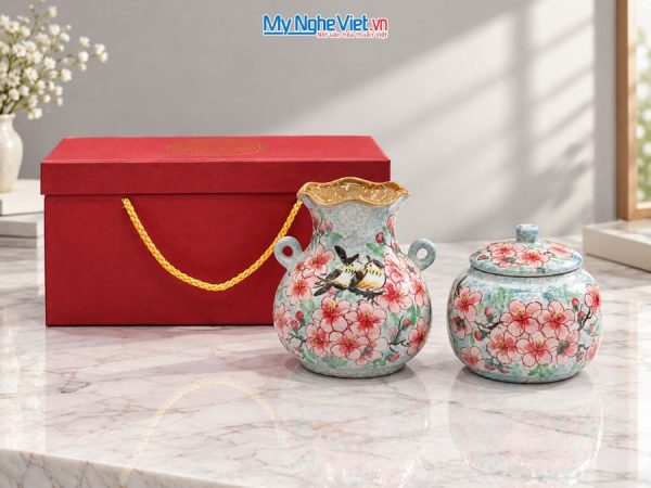 Set Quà Tặng Bình Hoa Và Hũ Mứt Gốm Bát Tràng Vẽ Hoa Đào Hồng