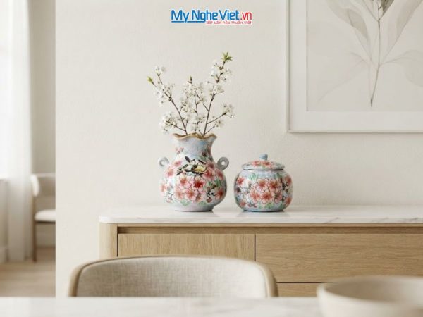 Set Quà Tặng Bình Hoa Và Hũ Mứt Gốm Bát Tràng Vẽ Hoa Đào Hồng
