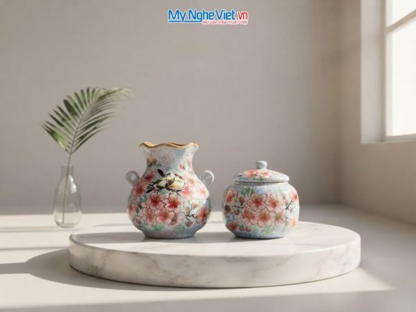 Set Quà Tặng Bình Hoa Và Hũ Mứt Gốm Bát Tràng Vẽ Hoa Đào Hồng