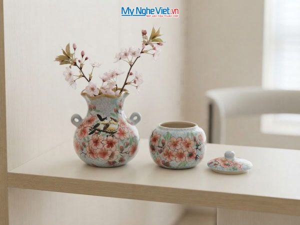 Set Quà Tặng Bình Hoa Và Hũ Mứt Gốm Bát Tràng Vẽ Hoa Đào Hồng